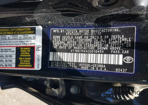 2012 Toyota Camry Hybrid Le/Xle z USA, uszkodzony, nr VIN 4T1BD1FK4CU010454